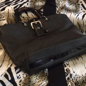 Ann Taylor Black Coated Linen Bag Wood Handles